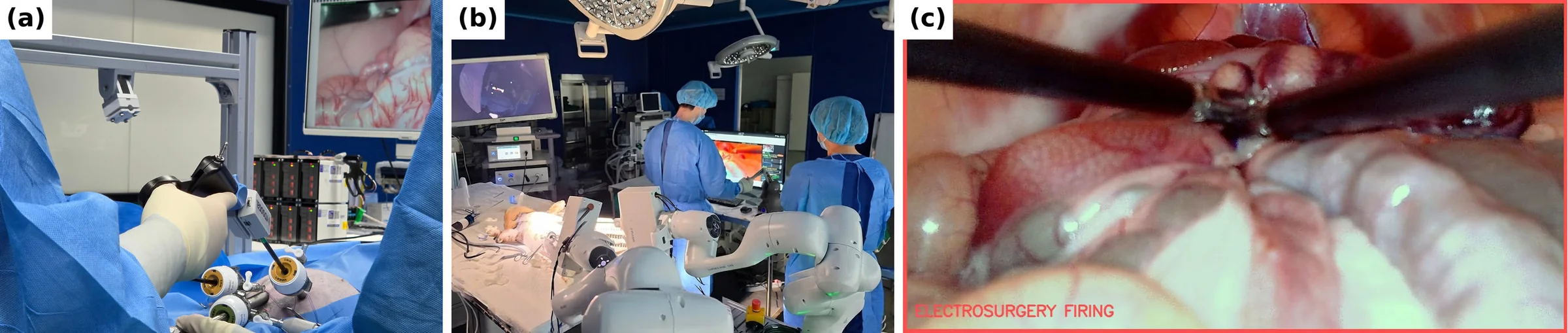 Three panels: a surgeon operating on a live rabbit with a logger on the instrument; two FR3 arms performing the procedure on another rabbit; the endoscope view at the moment of electrosurgery